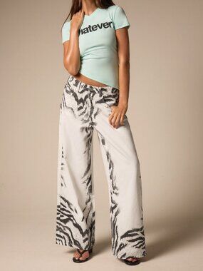 Grey Casual Women's Zebra Print Wide Leg Denim Jeans